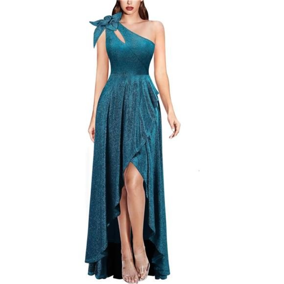 Dresses & Skirts - Womens 3D Flower One Shoulder Prom Formal Wedding Shiny Teal Blue